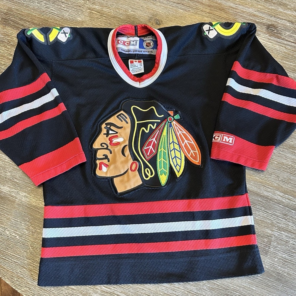 CCM Chicago Blackhawks Jersey Stitched Sewn Youth S/M Kids NHL Black Unisex
